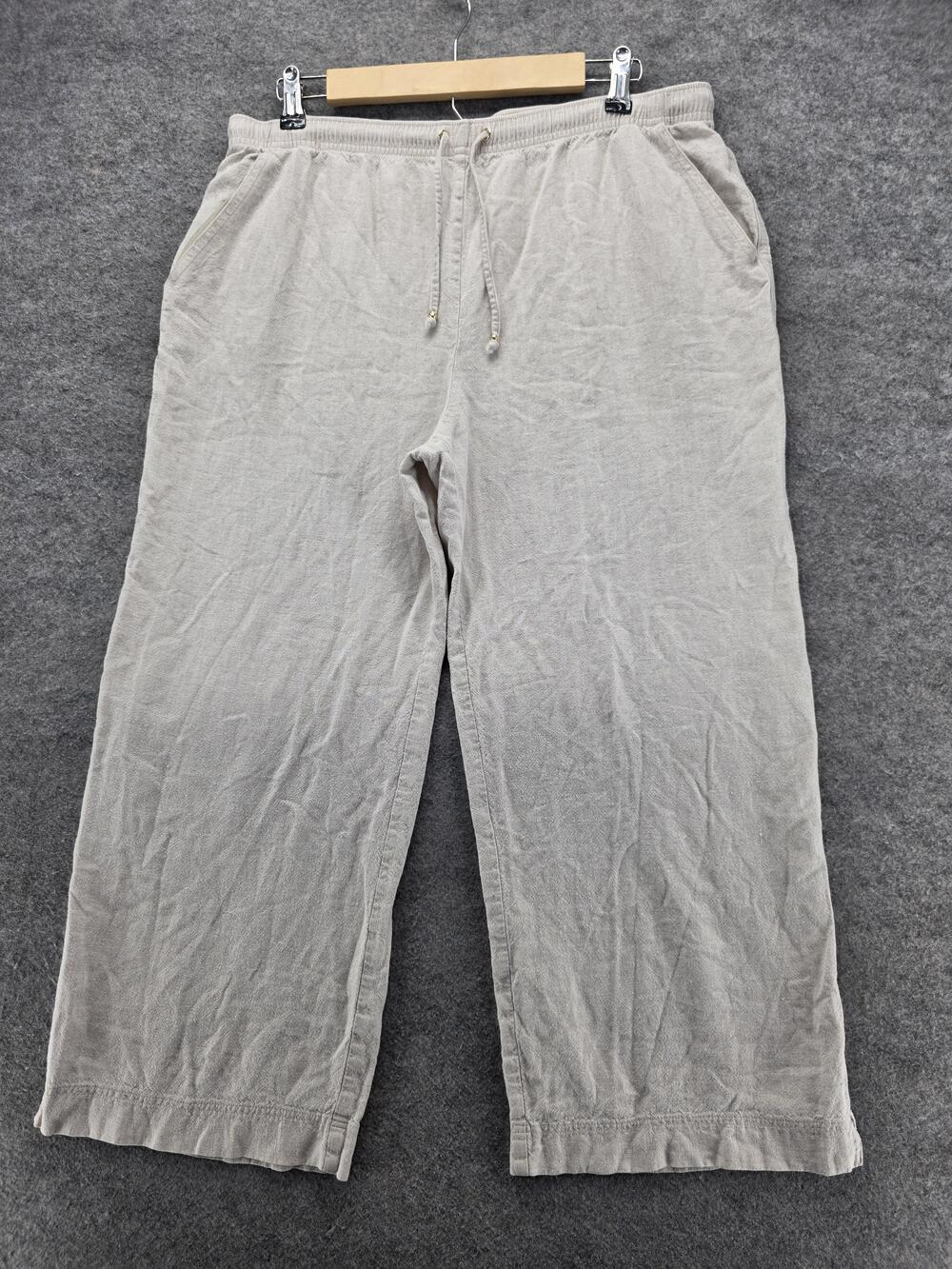 St John Sport Pants Womens Large Beige Drawstring Wide Leg Lounge Made USA Linen